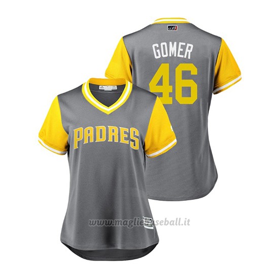 Maglia Baseball Donna San Diego Padres Eric Lauer 2018 Llws Players Weekend Gomer Grigio